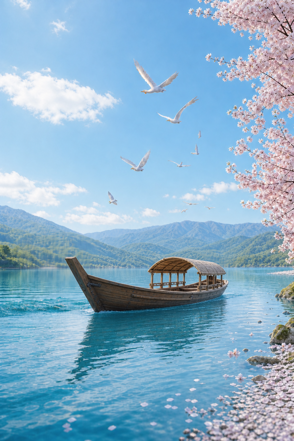 青空と桜の下、鳥とともに春の湖を進む屋根付きの鵜飼船